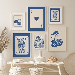 Blue Trendy Retro Wall Art Set Of 6 Blue Lucky You Poster Retro Trendy Aesthetic Print Blue Ace Card Print Queen of Hearts Funky Art