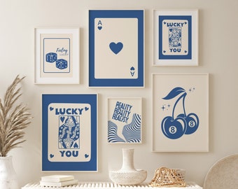 Blue Trendy Retro Wall Art Set Of 6 Blue Lucky You Poster Retro Trendy Aesthetic Print Blue Ace Card Print Queen of Hearts Funky Art