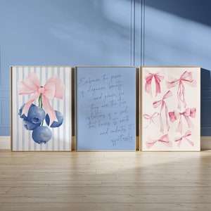 Trendy Pink and Blue Bows Wall Art Set of 3, Coquette Dorm Room Decor, Preppy Poster Girly Wall Art, College Apartment Decor Blueberry