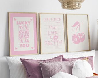 Pink Trendy Retro Wall Art Set Of 3 Guest Check Print Lucky You Wall Art Above Bed Decor Large Printable Art  Trendy Aesthetic Print Retro