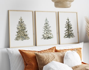 Pode incluir: Três pinturas de aquarela emolduradas de pinheiros estilizados sobre um fundo branco. As árvores estão em tons de verde e cinza.
