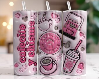 3D Inflated Cafecito Y Chisme Tumbler Wrap PNG, 3D Puff Pan Dulce 20oz Tumbler Sublimation, Skinny Coffee Tumbler Wrap, Digital Download