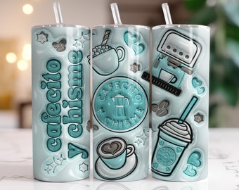 3D Inflated Cafecito Y Chisme Tumbler Wrap PNG, 3D Puff Pan Dulce 20oz Tumbler Sublimation, Skinny Coffee Tumbler Wrap, Digital Download