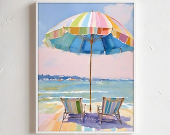 Pastel Colorful Beach Umbrella Painting | Colorful Summer Girly Coastal House Wall Art Print | Retro Shore Printable Decor Coastal DIGITAL