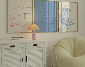 Trendy Coastal Cowgirl Western Dorm Room Bows Wall Art Set of 3 Trendy Coquette Pink and Blue Bows Print Funky Western Apartment Decor