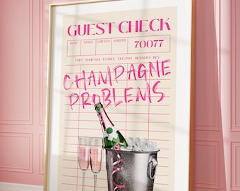 Pink Guest Check Print, Champagne Problems Bar Cart Print Girly Wall Art, Retro Bar Cart Decor, Funky Dorm Room Decor Preppy DIGITAL