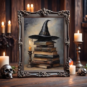 May include: A framed painting featuring a black witch's hat atop a stack of old books. The painting has a dark, moody aesthetic with a decorative, ornate frame. Candles and a skull are on the wooden surface in front of the painting.