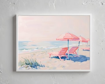 Pastel Pink Striped Umbrella Painting, Coastal Wall Art, Summer Girly Beach House Decor, Retro Shore Printable, Digital Download