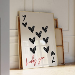 Poster trendy "Sei fortunato", stampa "7 di cuori", arte murale retrò alla moda, stampa estetica retrò alla moda, poster di carte da gioco, arredamento per la stanza Preppy Y2K
