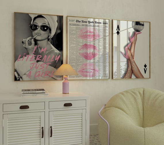 Retro Coquette Wall Art Set of 3 | Pink Heels, Lips & Girl Quote | Digital Download, Dorm Room Decor, Feminine Y2K Aesthetic