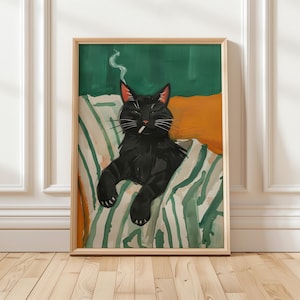 現代的な喫煙黒猫アートプリント エメラルドグリーン 抽象的 面白いミニマリスト 子猫 部屋の装飾 壁アート 猫好きへのギフト デジタル