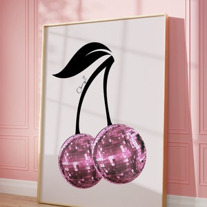 Rosa Disco Ball Impresión Moda Pared Arte Disco Ball Cartel Cereza Cartel Bar Carro Arte Estética Funky Impresión Preppy Girly Dormitorio Decoración