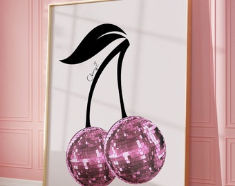 Pink Disco Ball Print Trendy Wall Art Disco Ball Poster Cherry Poster Bar Cart Art Aesthetic Funky Print Preppy Girly Dorm Room Decor