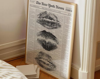 Retro Kiss Lips Wall Art Print, Newspaper Style Print, Black and White Wall Decor DIGITAL