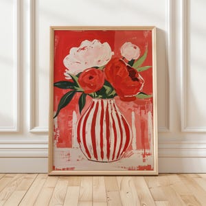 Peonías abstractas en un jarrón, pintura contemporánea, arte de pared con flores, impresión a rayas, rojo, moderno, color vibrante, ilustración floral, póster botánico