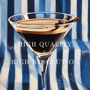 May include: A close-up of a martini glass filled with a dark brown liquid and a chocolate garnish. The glass is on a blue and white striped background. The text "HIGH QUALITY & HIGH RESOLUTION" is visible in the image.
