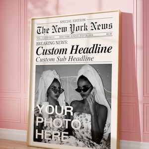 Impressão de jornal PERSONALIZADA, Arte de parede personalizada de notícias de Nova York, Pôster de colegas de dormitório universitário, Decoração de parede de banheiro retrô, Download digital