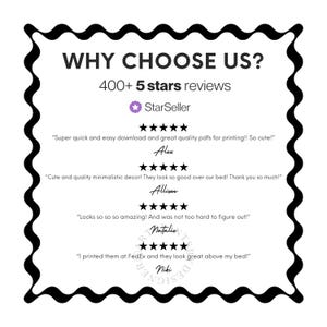 May include: A white background with a black wavy border displays the text "WHY CHOOSE US?" and "400+ 5 stars reviews." Below, a StarSeller badge and customer reviews are shown, including quotes and names.