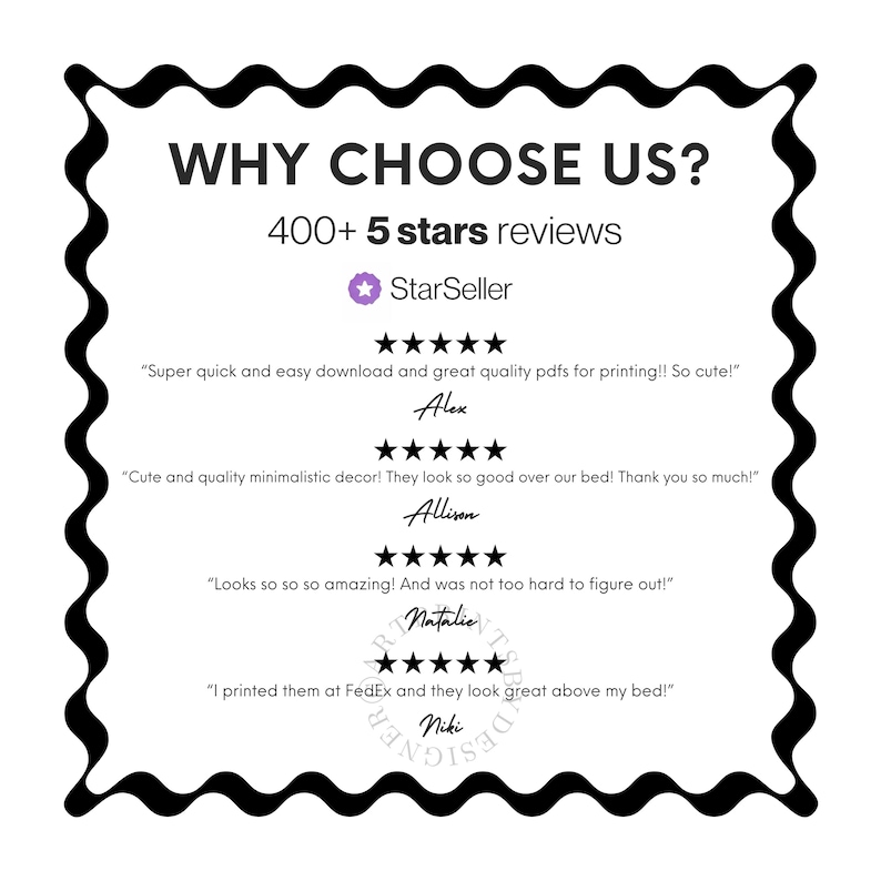May include: A white background with a black wavy border displays the text "WHY CHOOSE US?" and "400+ 5 stars reviews." Below, a StarSeller badge and customer reviews are shown, including quotes and names.