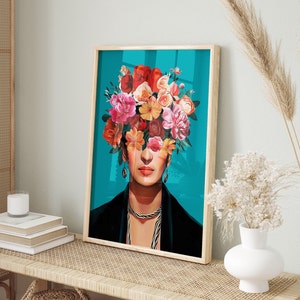 Impresión Frida Kahlo, Retrato de Frida Kahlo, Arte maximalista, Arte ecléctico de la pared, Impresión de arte vintage, Cartel colorido, Arte de la pared de la sala de estar, DIGITAL