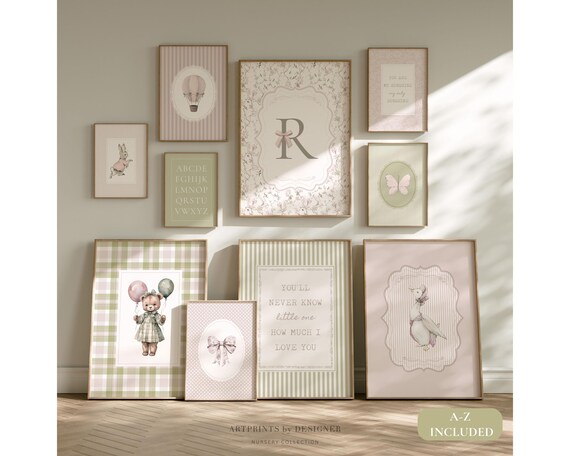 Vintage Coquette Nursery Gallery Wall Art Set of 12, Goose, Bow, Teddy Bear Prints (A-Z Monogram, Instant Download)