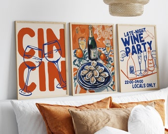 Vintage Wine Print, Bar Cart Art, Trendy Cin Cin Cheers Print, Vintage Food Poster, Set of 8 Retro Drink Print Maximalist Kitchen Wall Art