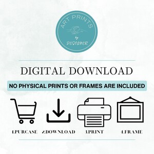 May include: Digital download graphic with a shopping cart, download arrow, printer, and picture frame icons. The text reads "DIGITAL DOWNLOAD NO PHYSICAL PRINTS OR FRAMES ARE INCLUDED 1. PURCHASE 2. DOWNLOAD 3. PRINT 4. FRAME"