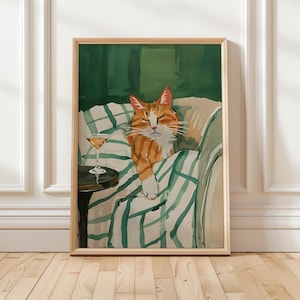 現代的なマティーニを片手に眠る猫の壁アート エメラルドグリーンの抽象アートワーク ミニマリストの子猫の部屋の装飾プリント 猫好きへのギフト デジタル