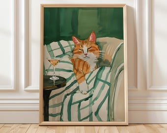 Gatto addormentato contemporaneo con Martini Wall Art Verde smeraldo Arte astratta minimalista Decorazione per la stanza del gattino Stampa Regalo per gli amanti dei gatti DIGITALE