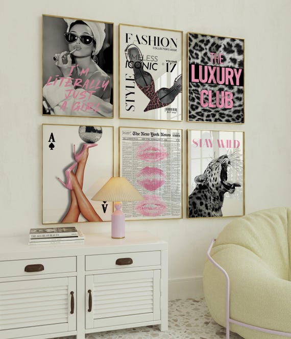 Coquette and Preppy Wall Art Set of 6 – Y2K Retro Girl Posters, Leopard Print Aesthetic, Fashion Magazine Style, Dorm Room Decor DIGITAL