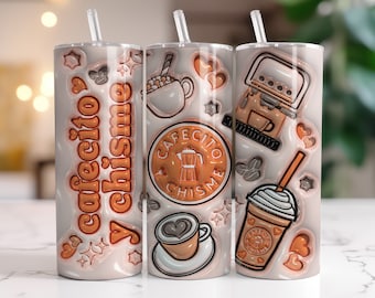 3D Inflated Cafecito Y Chisme Tumbler Wrap PNG, 3D Puff Pan Dulce 20oz Tumbler Sublimation, Skinny Coffee Tumbler Wrap, Digital Download