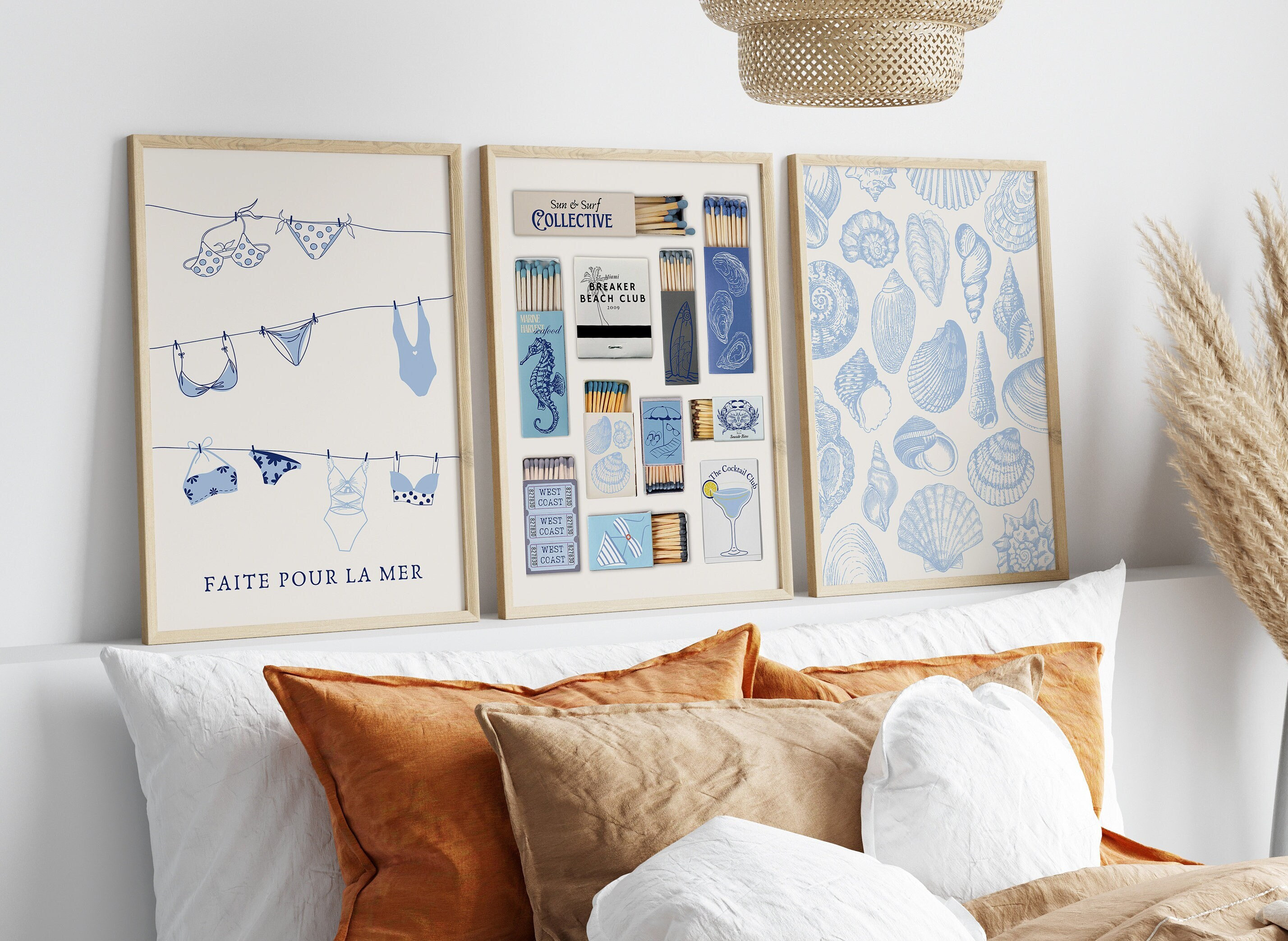 Sea Shells Pastel Blue Print Vintage Matchbox Print Trendy Bikini Poster Set of 3 Coastal Granddaughter Aesthetic Coastal Cowgirl Printable
