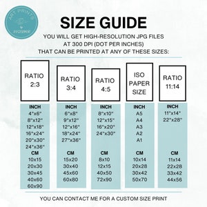 May include: A size guide for art prints, showing different aspect ratios and corresponding inch and centimeter measurements. The guide also includes standard ISO paper sizes.