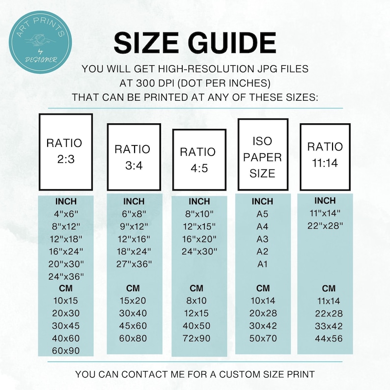 May include: A size guide for art prints, showing different aspect ratios and corresponding inch and centimeter measurements. The guide also includes standard ISO paper sizes.