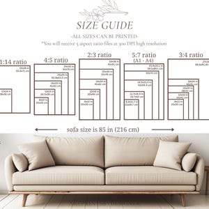 May include: A size guide graphic with aspect ratios for printing art. Includes 11:14, 4:5, 2:3, 5:7 (A1-A4), and 3:4 ratios, with measurements in inches and centimeters. The sofa size is 85 inches (216 cm).