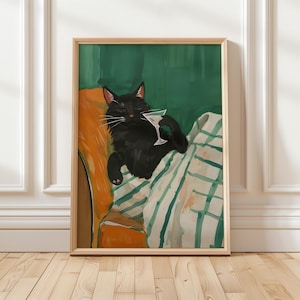現代的な黒猫とマティーニの壁アート エメラルドグリーンの抽象アートワーク ミニマリストの子猫の部屋の装飾プリント 猫好きへのギフト デジタル