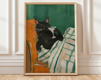 Contemporary Black Cat With Martini Wall Art Emerald Green Abstract Artwork Minimalist Kitten Room Decor Print Cat Lover Gift DIGITAL