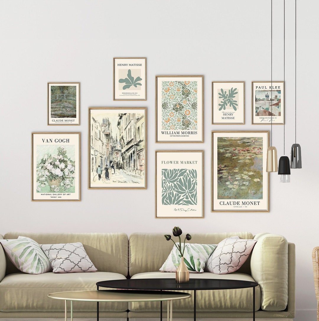 Green Gallery Wall Set of 9, Vintage Gallery Wall Art, Eclectic