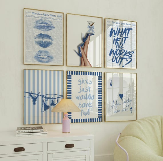 Retro Y2K Coquette Wall Art Set of 6 | Blue Aesthetic Prints, Just a Girl, How Lucky Are We Quote, Feminine Gallery Dorm Decor DIGITAL