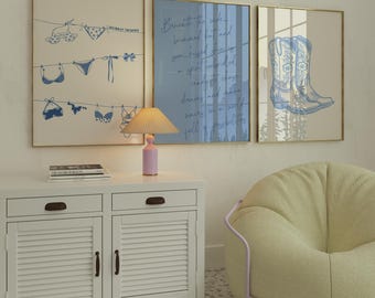 Trendy Coastal Cowgirl Western Dorm Room Bows Wall Art Set of 3 Trendy Coquette Blue Bows Print Funky Western Apartment Decor