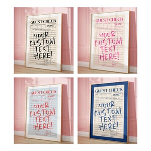Large Size Custom Guest Check Art Print, Personalized Text Print, Trendy Wall Art, Pick From 8 Color Options, Funky College Wall Decor