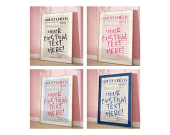 Large Size Custom Guest Check Art Print, Personalized Text Print, Trendy Wall Art, Pick From 8 Color Options, Funky College Wall Decor