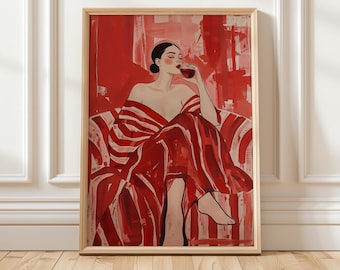 Modern Contemporary People Red Wall Art Abstract Artwork Minimalist Print Living Room Wall Art Wine Lover Print Large Digital Download