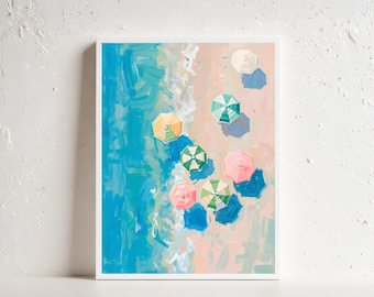 Pastel Beach Umbrella Painting, Colorful Coastal Wall Art, Summer Girly House Decor, Retro Shore Printable, Digital Beach Download