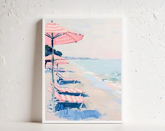 Pastel Neon Pink Striped Beach Umbrella Painting | Summer Girly Coastal House Wall Art Print | Retro Shore Printable Decor Coastal DIGITAL