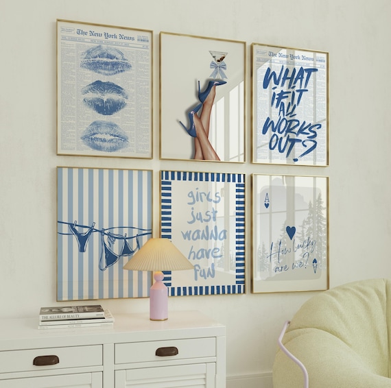 Retro Y2K Coquette Wall Art Set of 6 | Blue Aesthetic Prints, Just a Girl, How Lucky Are We Quote, Feminine Gallery Dorm Decor DIGITAL
