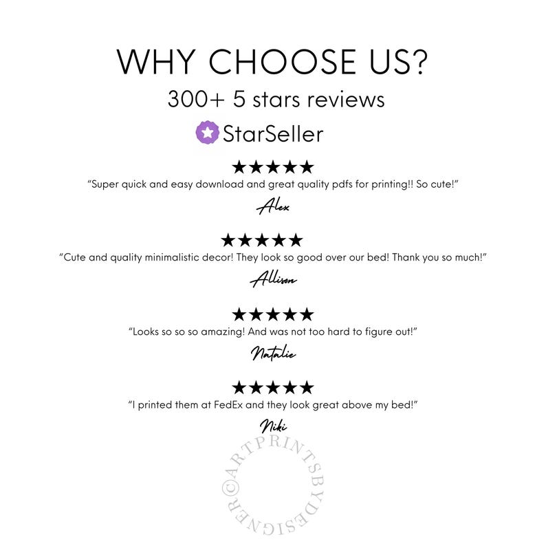 May include: A screenshot of a website with a testimonial section. The text reads "WHY CHOOSE US? 300+ 5 stars reviews" and features a star seller badge. The section includes four customer reviews with five-star ratings and quotes from customers.