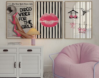 Trendy Pink and Black News Headline Print Set of 3 High Heels Kiss Poster College Dorm Girly Room Laundry Decor Bedroom Art Print