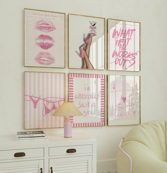 Retro Y2K Coquette Wall Art Set of 6 | Pink Aesthetic Prints, Just a Girl, How Lucky Are We Quote, Feminine Gallery Dorm Decor DIGITAL