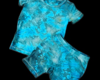 2T bamboo teal tie dye pj's, ocean blue deep turquiose kid pajamas, cozy colorful pj set, great gift,  ready to ship